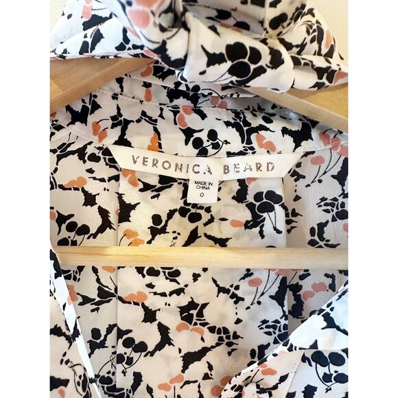 Veronica Beard 100% Silk Long Sleeve White Black Print Neck Tie Button Up Blouse - Picture 5 of 7